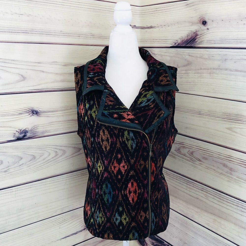 Christopher & Banks Black Colorful Patterned Leather Trim Vest Medium